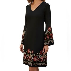 EST 1946 Dress Black Shift Style Size XS Long Bell Sleeves V-Neck Lined